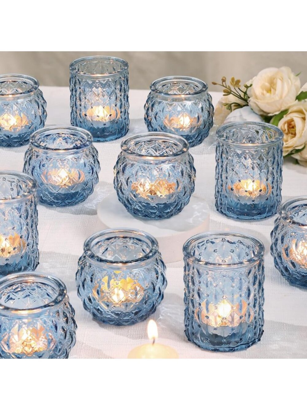 Set of 24 Blue Glass Votive Candle Holders - Round Tea Light Holders for